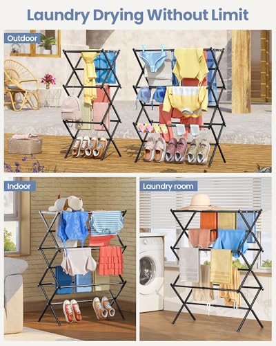 Oversize 3-Tier Clothes Drying Rack, No Install, Black | Expandable Design, Non-slip feet, Tool-free Setup, Rust Prevention, Sturdy Construction, 14.9" D x 29.3" W, Holds 24lbs - color: Black