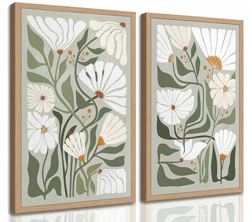 HSHFKLH 2 Pcs Boho Wildflowers Canvas Wall Art Unframed | Green Bohemia Abstract Floral Botanical Picture Wall Decor Poster Print Artwork for Living Room Bedroom Home Decoration - color: Poster, size: 16x24in