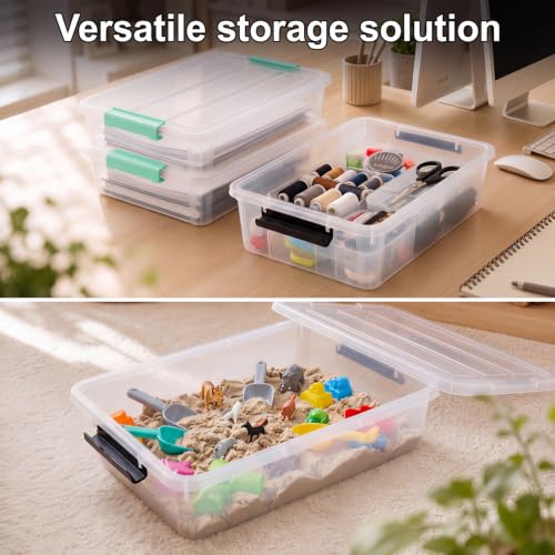 6 Qt Plastic Storage Bins with Lids,Sensory Bins,Stackable Clear Containers with Secure Latches,Multi-Purpose Classroom Storage Organizer for Craft Supplies,Paper & Office Stationery,4 Pack,Black | Stackable, Secure Latches, Multi-Purpose Classroom Storag