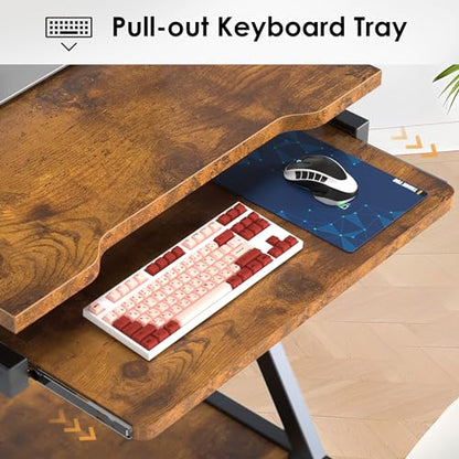 sogesfurniture Small Mobile Computer Desk with Keyboard Tray | Z-Shaped Compact Study Table, Rolling Workstation for Home and Office with Printer Shelf, Keyboard Drawers, Rustic Brown - color: Rustic Brown