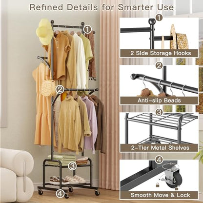 Rolling Clothes Rack with 2 Shelves, Small Metal Clothing Rack with Wheels | Gasvadivum 71" Tall Sturdy Garment Rack with 3 Hanging Rods, Freestanding Portable Coat Rack for Bedroom, Entryway, Black - color: Black
