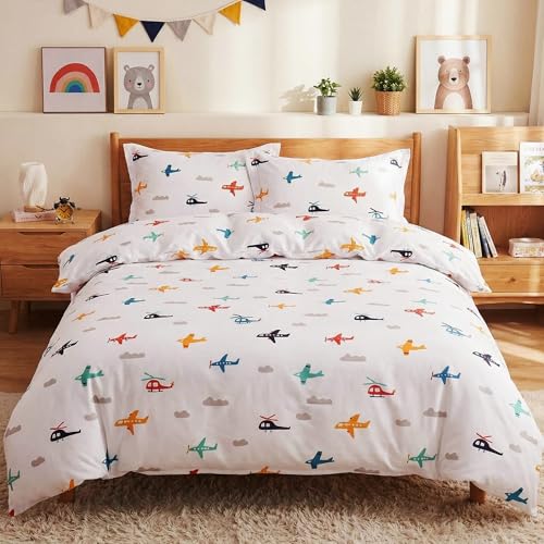 JSD Airplane Kids Duvet Cover Set Full Size | 3 Piece Soft Printed Microfiber Duvet Cover with Pillow Shams Zipper Closure, Comforter Not Included, Oeko-Tex Certified - color: Airplane, size: Full