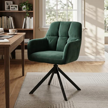 EALSON Comfy Velvet Desk Chair Modern Computer Task Chair no Wheels Swivel Accent Chair with Mid Back Arm Chair for Living Room/Bedroom/Home Office(Green) - color: Dark Green