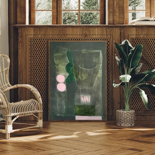 Abstract Painting Print Emerald Green and Pink Artwork 16x24 Inch Unframed | large vertical wall art dark green abstract wall art abstract geometric art print boho wall art for home living room office - color: Emerald Green and Pink