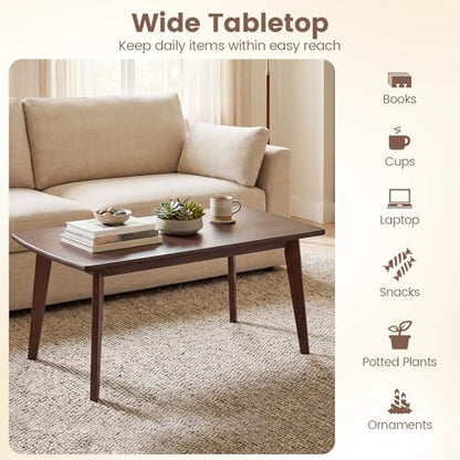 GOFLAME Solid Wood Coffee Table, 34.5" x 21" x 17" Mid-Century Modern Center Table with Storage, Curved Edges, Retro, Small Japanese Floor Table with Tapered Legs for Living Room, Apartment, Walnut
