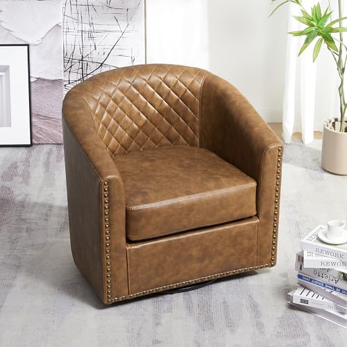 KINWELL 29" W Faux Leather Tufted PU Swivel Barrel Accent Chair, Coffee | No Assembly Vegan Leather Upholstered Swivel Club Chair with Nailhead Trim, Modern Armchair for Small Spaces Apartment - color: Coffee, style: Set of 1