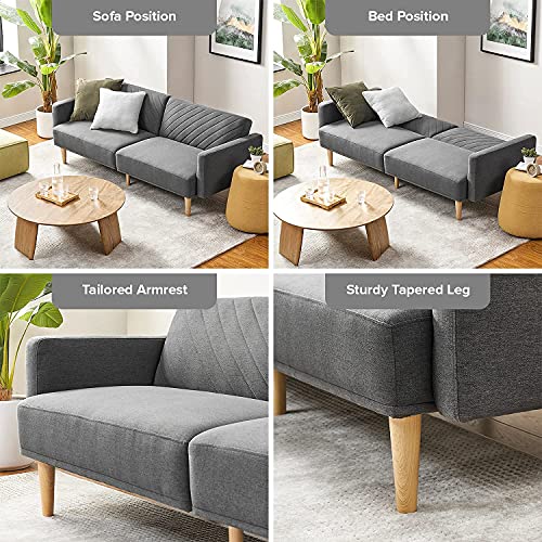 mopio 76.4" Futon Sofa Bed Chevron Styled, Sleeper Couch(Dark Gray Fabric) | Click-clack back drops for instant guest lodging; slim profile and retro legs suit apartments beautifully. - color: Dark Gray Fabric