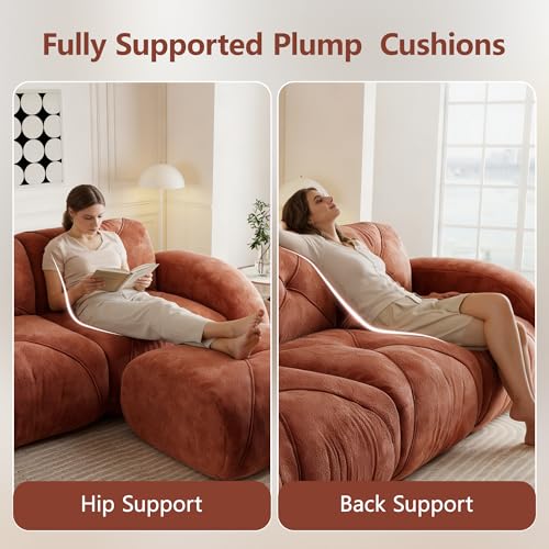 111" Velvet Modular Sofa Cama para Cuarto, Small Couches for Living Room with High Density Sponge, Cloud Loveseat with Tufted Design for Home Theater Study Space, Red+Brown - color: Red+brown