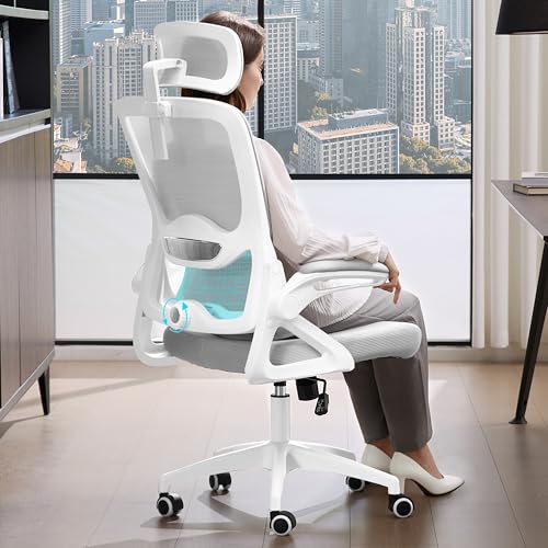 Ergonomic Office Chair,Mesh Office Chair with Lumbar Support,High Back Desk Chair with Flip-up Arms,400 lbs Big and Tall Computer Chair with Headrest,Comfy Desk Chairs (Light Grey) - color: Light Grey