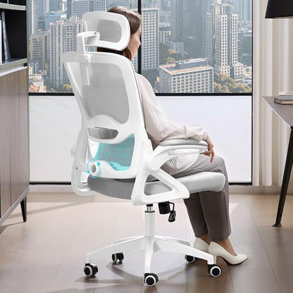 Ergonomic Office Chair,Mesh Office Chair with Lumbar Support,High Back Desk Chair with Flip-up Arms,400 lbs Big and Tall Computer Chair with Headrest,Comfy Desk Chairs (Light Grey) - color: Light Grey