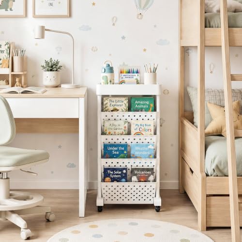 5-Tier Rolling Bookshelf Cart with Wheels, White | Slim Mobile Book Cart, Plastic Magazine Rack Rolling File Paper Organizer for Home Office Study Classroom Living Room - color: White, size: 5-Tier 26"H