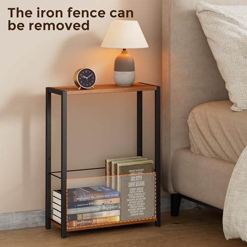 Homleke Narrow Side Table with Magazine Holder, Skinny End Table | Space-Saving Design, Small Spaces, Storage Shelf, Metal Frame, Easy Assembly, 7.1" D x 16.9" W x 23.6" H, Rustic Walnut - color: Rustic Walnut - Standard