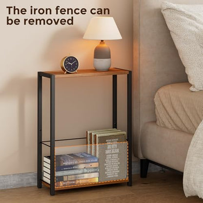 Homleke Narrow Side Table with Magazine Holder, Skinny End Table | Space-Saving Design, Small Spaces, Storage Shelf, Metal Frame, Easy Assembly, 7.1" D x 16.9" W x 23.6" H, Rustic Walnut - color: Rustic Walnut - Standard