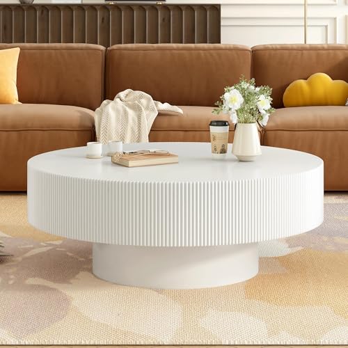 31.5" White Round Coffee Table with 6.8" Thick Tabletop & Sturdy Base, Modern Drum Center Table Circle Accent Side Table for Living Room, Minimalist Fluted Design, White - color: 31.5" Round Style 1, White
