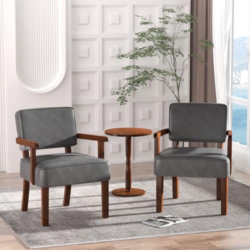Accent Chairs Set of 2, 2 Solid Wood Armchairs with Side Table | Faux Leather Chair with Soft Thicken Cushion, Comfy Reading Chair for Bedroom, Waiting Room, Home Office, Easy Assembly - color: Faux Leather Gray, size: Set of 2 with table