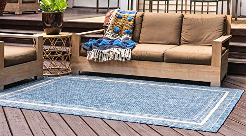 Unique Loom Outdoor Border Collection 부분 러그 - 부드러운 테두리 (122.4cm x 182.4cm 직사각형, 블루/아이보리) - color: 블루/아이보리, size: 4'1" x 6'1" (Rectangular)