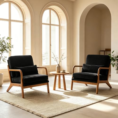 Karl home Mid-Century Modern Accent Reading Chair, Black | Chenille Upholstered, Solid Wood Frame, Soft Cushion, Lumbar Pillow, Lounge Armchair for Living Room, Bedroom, Balcony, Study - color: Chenille Black