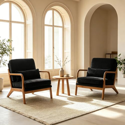 Karl home Mid-Century Modern Accent Reading Chair, Black | Chenille Upholstered, Solid Wood Frame, Soft Cushion, Lumbar Pillow, Lounge Armchair for Living Room, Bedroom, Balcony, Study - color: Chenille Black