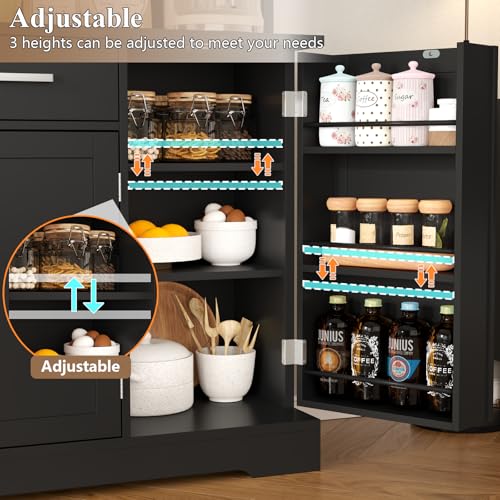 Tall Pantry Cabinet with Darwers, Modern Kitchen Hutch with Microwave Stand | Kitchen Pantry Storage Cabinet with Door Shelf, Food Pantry with Goblet Holders & Adjustable Shelves for Dining Room, Black - color: Black-goblet Holders