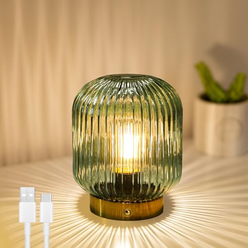 MJ PREMIER Rechargeable Table Lamp,Cordless Lamp with Memory Function,Green | Small Glass LED Lamp with Dimmable Brightness, Decorative Touch Lamps for Bedroom Living Room