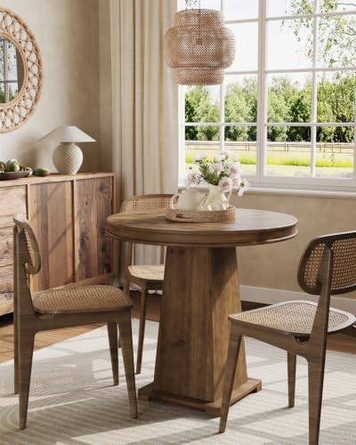 LITTLE TREE Solid Wood Round Dining Table, 31.5" Small Kitchen Table for 2, Modern Farmhouse Dinner Table for Dining Room, Kitchen, Living Room, Artistic Geometric Base, Table Only (Warm Walnut Brown) - color: Warm Walnut Brown