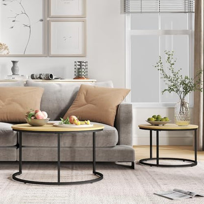 Otterease Nesting Tables Set of 2, 31.5" Round Coffee Table, Small Nesting Coffee Table with Adjustable Non-Slip Fee, Wood Grain Top Nesting Tables for Living Room, Bedroom (Wood Grain Light Brown) - color: 31.5" Wood Grain Light Brown