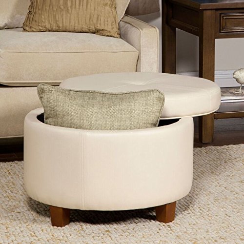 HomePop Round Leatherette Storage Ottoman with Lid, Ivory Large - color: Cream Faux Leather