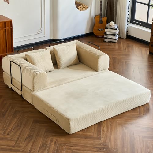 Convertible Sleeper Sofa Bed,Corduroy Folding Mattress Couch with Cylindrical Pillows,Metal Frame,High-Density Sponge,Reconfigurable Lounge Seat for Living Room Bedroom Apartment (Beige,Loveseat) - color: Beige, size: 59.06"L x 35.43"W x 26.77"H