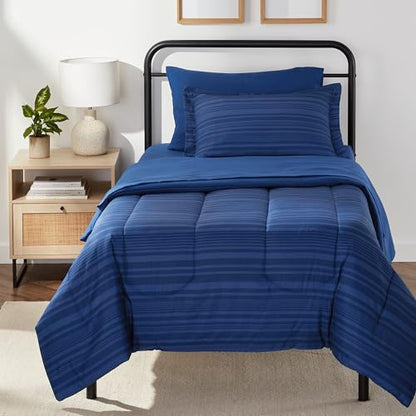 Amazon Basics Twin/Twin XL Comforter Set with Sheets, 5-Piece Blue Calvin Striped Bedding, Lightweight Microfiber Bed-in-a-Bag, Machine Washable - color: Blue Calvin Stripe, size: Twin/Twin XL, style: 1-Pack