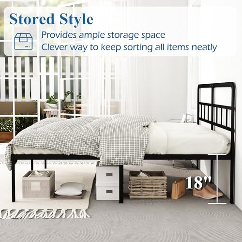 DiaOutro 18 Inch King Bed Frame with Headboard Metal Platform, Black | Heavy Duty Bed For Kids Adults, Steel Slat Supports No Box Spring Needed, Easy Assembly, Noise Free - size: King, style: 18 Inch