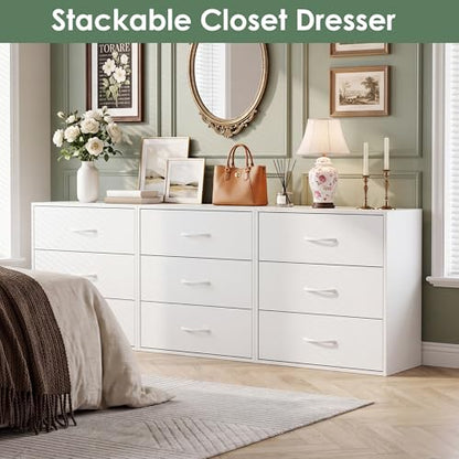 PrimeZone 3 Drawers Wood Closet Dresser Stackable Storage Organizer White | Modular Chest Cabinet Clothes Short Small Low Deep Bedroom Dorm Underbed Wardrobe Nursery Office Inside Pull Out Space Saving