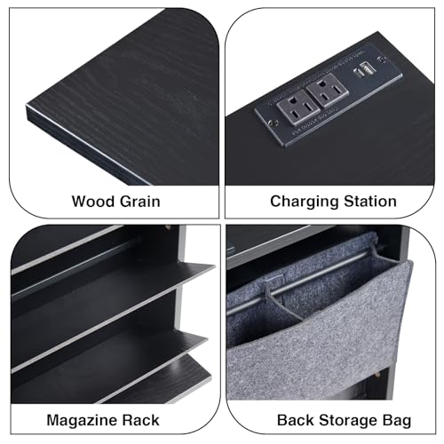 Narrow Side Table with Charging Station Slim End Table with Magazine Book Holder Organizer Rack & Storage Bag, Small Space Skinny Thin Nightstand Couch Sofa Bed Side Table for Bedroom, Living Room