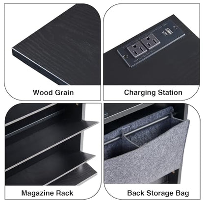 Narrow Side Table with Charging Station Slim End Table with Magazine Book Holder Organizer Rack & Storage Bag, Small Space Skinny Thin Nightstand Couch Sofa Bed Side Table for Bedroom, Living Room