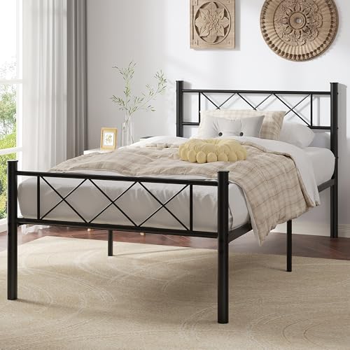 VECELO Twin Size Bed Frame with Headboard, Heavy Duty Bedframe with Strong Metal Slats, No Box Spring Needed & Easy Assembly, Matte Black - color: Matte Black, size: Twin