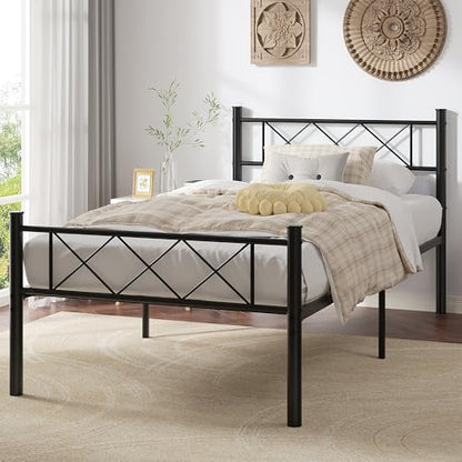 VECELO Twin Size Bed Frame with Headboard, Heavy Duty Bedframe with Strong Metal Slats, No Box Spring Needed & Easy Assembly, Matte Black - color: Matte Black, size: Twin