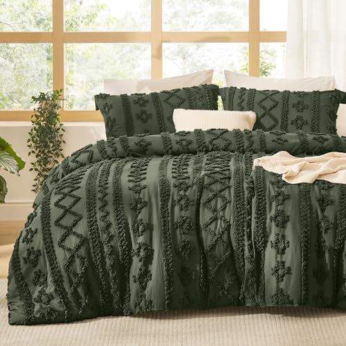 Bedsure Tufted Boho Comforter Set Twin Size - Olive Green Boho Bed Set, GentleSoft™ 2 Pieces Farmhouse-Style Embroidery Bedding, Gifts for Woman, Soft Jacquard Kids' Twin Comforter for All Seasons - color: 14 - Olive Green - Elegant, size: Twin/Twin XL