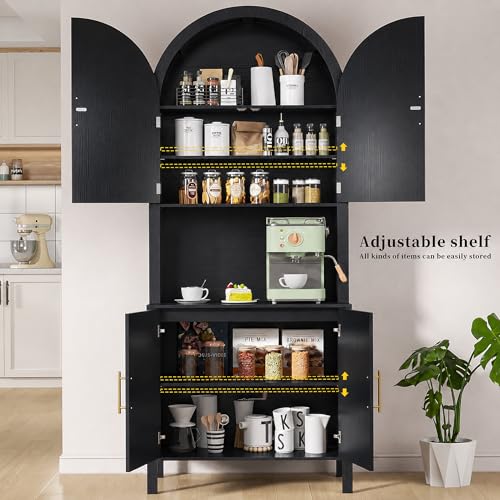 76" Tall Arched Kitchen Pantry, Large Kitchen Storage Cabinet with Fluted Doors and Microwave Stand, Modern Wood Buffet Sideboard, Adjustable Shelves, Cupboard for Dining Room, Living Room, Black - color: Black