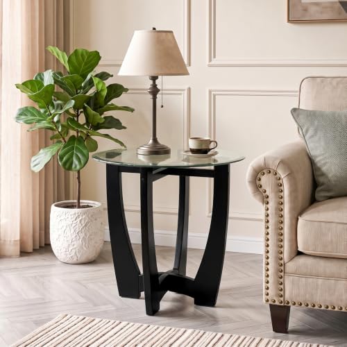 Glass End Table, 23.5" Round Side Tables with Tempered Glass Top Cross and Solid Wood Base Small Night Stand for Living Room Office Apartment Black - color: D-2, size: Round