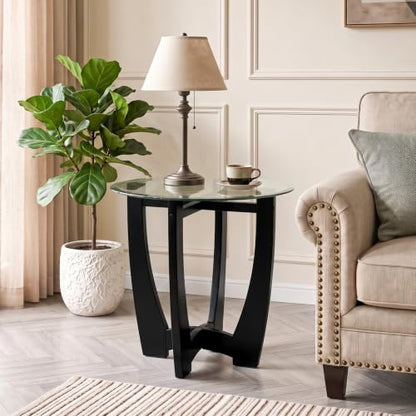 Glass End Table, 23.5" Round Side Tables with Tempered Glass Top Cross and Solid Wood Base Small Night Stand for Living Room Office Apartment Black - color: D-2, size: Round