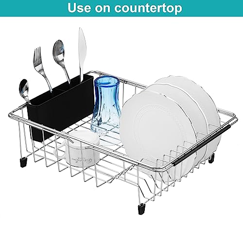Expandable Multifunctional Dish Drying Rack, Over The Sink, in Sink Or On Counter Dish Drainer Basket Shelf with Black Utensil Silverware Holder, Rustproof Stainless Organizer - color: Black