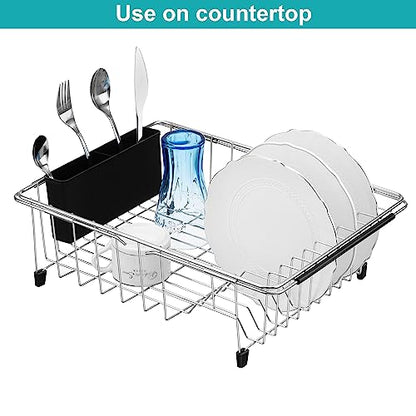 Expandable Multifunctional Dish Drying Rack, Over The Sink, in Sink Or On Counter Dish Drainer Basket Shelf with Black Utensil Silverware Holder, Rustproof Stainless Organizer - color: Black