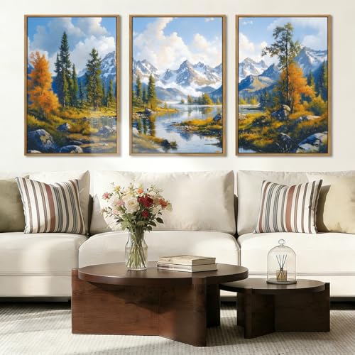 BINCUE Framed Mountain Landscape Wall Art Nature Forest Wall Decor Tree and River Art Print for Living Room Bedroom Office 16x24 Inches Set of 3 - color: Mountain Nature Landscape, size: 24"L x 16"W