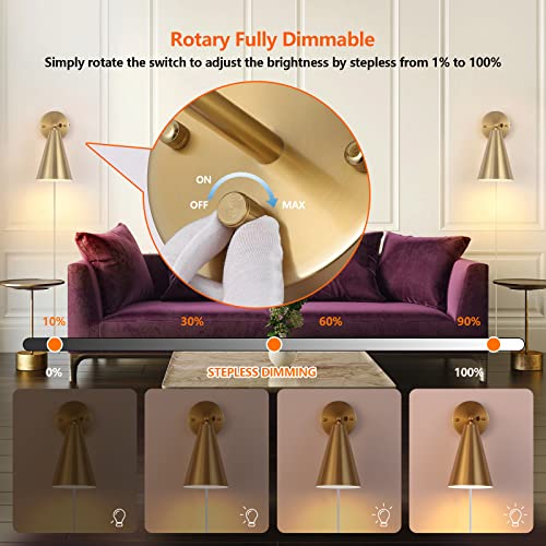 MWZ Gold Wall Sconces Set of Two Plug in,Brass Modern Dimmable Sconces Adjustable Angle Lights with Metal Shade and Dimmer On/Off Rotary Switch, Wall Mounted Light for Bedroom Bedside Stairway - color: Gold-Plug in