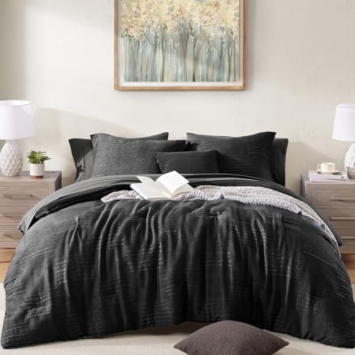 MaiRêve Full Size Comforter Set Crinkle Textured Black Bedding Set 7 Pieces | Boho All Season Bed in a Bag for Men with Comforter, Sheets, Pillowcases & Shams - color: Black, size: Full