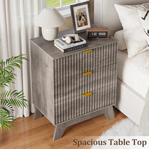 Fluted Nightstand with 3 Large Drawers, Wooden Side End Table with Elevated Legs for Easy Cleaning, Sturdy Modern Beside Table for Small Space, Bedroom, Grey, 24" L - color: Grey