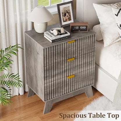 Fluted Nightstand with 3 Large Drawers, Wooden Side End Table with Elevated Legs for Easy Cleaning, Sturdy Modern Beside Table for Small Space, Bedroom, Grey, 24" L - color: Grey