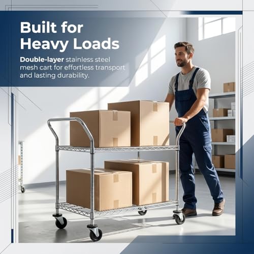 Finnhomy 2-Tier Commercial Grade Rolling Cart, Heavy Duty Utility Cart, Carts with Wheels and Handles, Kitchen Cart on Wheels, Metal Serving Cart with 500 lbs Capacity, Shelf Size 20" D x 36" W, NSF - size: 20"D x 43.9"W x 39.3"H