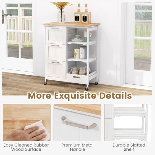 COSTWAY Kitchen Storage Island Cart on Wheels, Kitchen Rolling Trolley Cart | with 3 Drawers and Shelves, 360° Wheels & Detachable Tray, Kitchen Island for Dining Room, Living Room & Bedroom - color: White