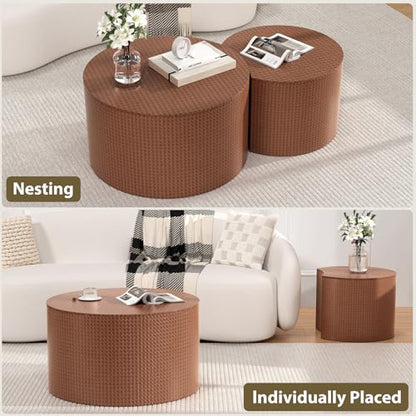 Nesting Coffee Table Set of 2, Round, Brown | Hidden Storage, Leather Wrapped, Stackable End Tables, No Assembly Required, For Small Space Living Room Apartment - color: Brown