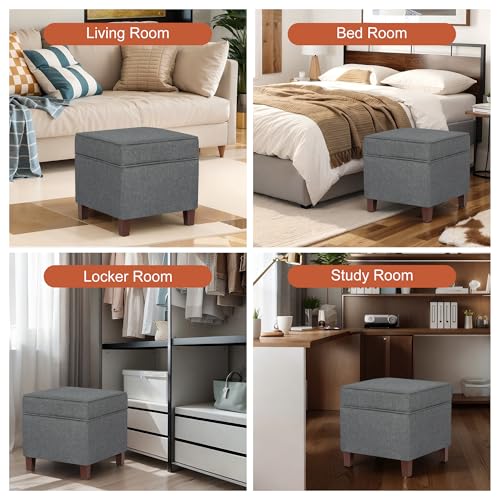 Linen Storage Ottoman with Wooden Legs, 17" Square Upholstered Footrest Stool, Extra Seat or Coffee Table for Living Room, Bedroom, Entryway, Dark Grey - color: Dark Grey